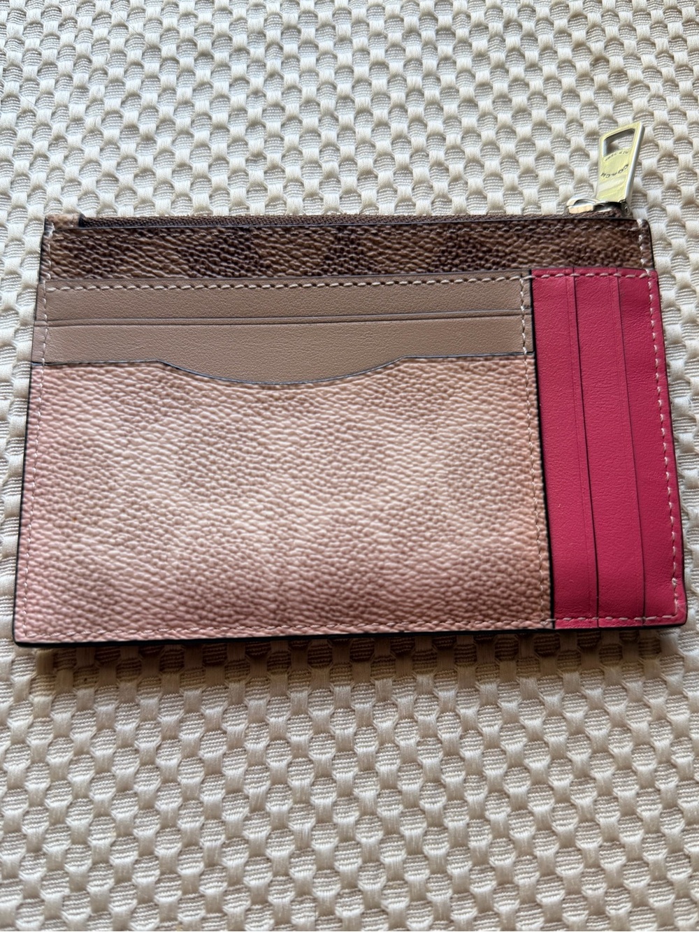 Coach Pink, Tan & Brown Leather Card Holder with Raspberry Accent - Picture 2 of 12